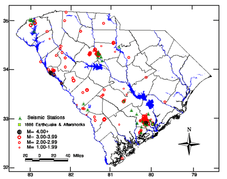 Map of South Carolina with earthquakes and seismic stations